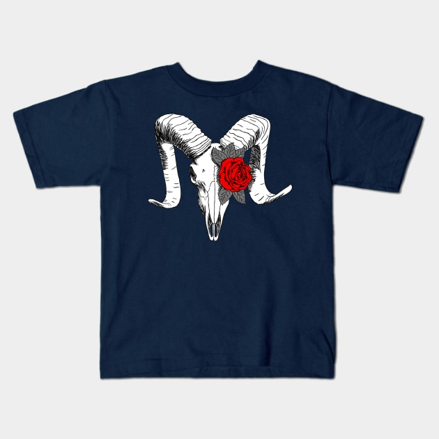 Ram skull with roses Kids T-Shirt by finegoddamnit